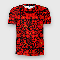 Мужская спорт-футболка Хохломская роспись красные цветы и ягоды на чёрном
