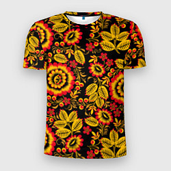 Мужская спорт-футболка Хохломская роспись золотистые листья и цветы чёрно
