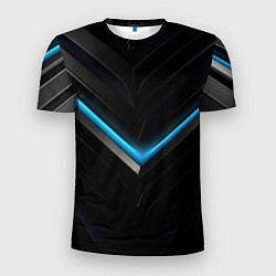 Мужская спорт-футболка Черная абстракция с синим неоновым ярким свечением