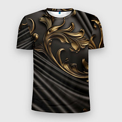 Мужская спорт-футболка Объемные золотые узоры на черной ткани лепнина