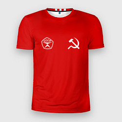 Мужская спорт-футболка СССР гост три полоски на красном фоне