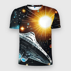 Мужская спорт-футболка Космолёт в неоновом космосе - нейросеть