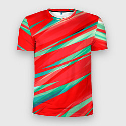 Мужская спорт-футболка Красный и бирюзовый абстрактный полосы
