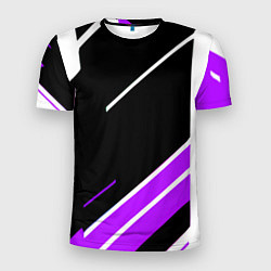 Футболка спортивная мужская Бело-фиолетовые полосы на чёрном фоне, цвет: 3D-принт