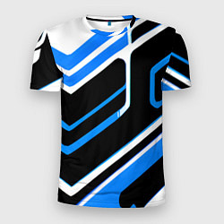 Футболка спортивная мужская Бело-синие линии на чёрном фоне, цвет: 3D-принт