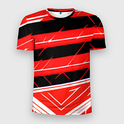 Мужская спорт-футболка Чёрно-белые полосы на красном фоне