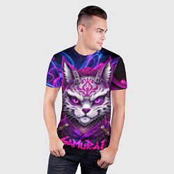 Футболка спортивная мужская Кот самурай в ярких фиолетовых оттенках, цвет: 3D-принт — фото 2