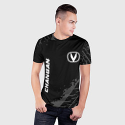 Футболка спортивная мужская Changan speed на темном фоне со следами шин вертик, цвет: 3D-принт — фото 2