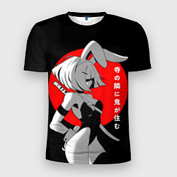 Мужская спорт-футболка Секси девушка-самурай с заячьими ушками- иероглифы