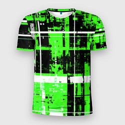 Футболка спортивная мужская Зелёно-белый гранж на чёрном фоне, цвет: 3D-принт