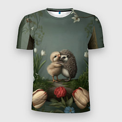 Мужская спорт-футболка Ежик и цыпленок обнимаются
