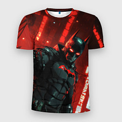 Мужская спорт-футболка Черный Бэтмен на фоне красного города