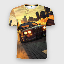 Футболка спортивная мужская БМВ на фоне заката, цвет: 3D-принт