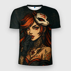 Футболка спортивная мужская Рыжая девушка с маской лисы дерзкий стиль, цвет: 3D-принт