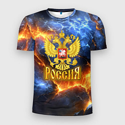 Мужская спорт-футболка Россия герб и огонь