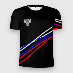 Футболка спортивная мужская Герб и полосы цветов флага на чёрном, цвет: 3D-принт