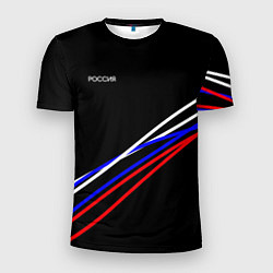 Футболка спортивная мужская Россия полосы бело-сине-красные на чёрном, цвет: 3D-принт