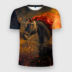 Футболка спортивная мужская Черная лошадь с красной гривой - огненные частицы, цвет: 3D-принт