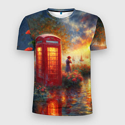 Футболка спортивная мужская Пейзаж с красной телефонной будкой, цвет: 3D-принт
