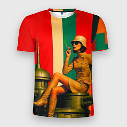 Футболка спортивная мужская Милитари девушка на оружейной башне ретрофутуризм, цвет: 3D-принт