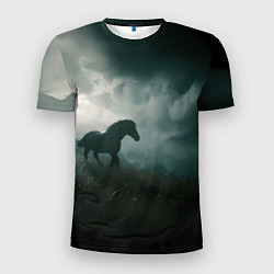 Футболка спортивная мужская Лошадь в поле - буря, цвет: 3D-принт
