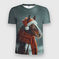 Футболка спортивная мужская Лошадь в новогодней шапке, цвет: 3D-принт