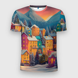 Мужская спорт-футболка Новогодний город в горах