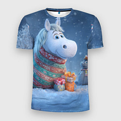Мужская спорт-футболка Новогодняя лошадь с подарками