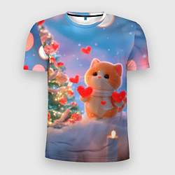 Мужская спорт-футболка Рыжий котенок в сердечках у елочки