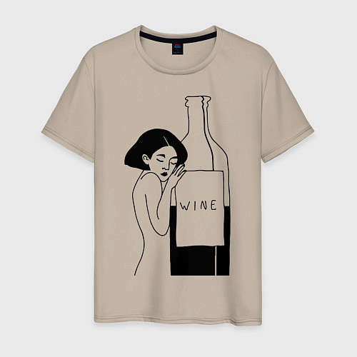Мужская футболка Девушка с бутылкой вина / Миндальный – фото 1