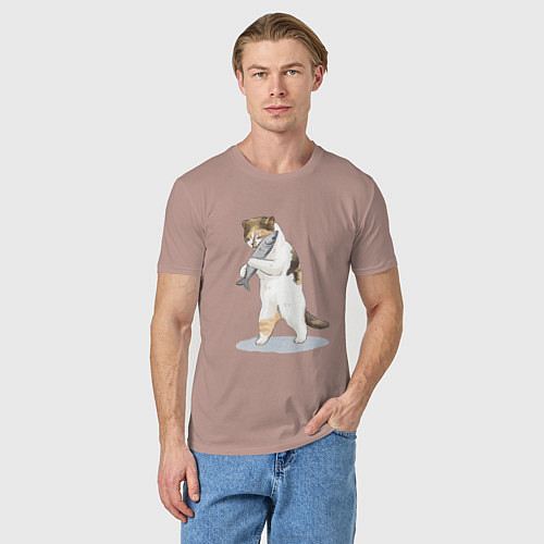 Мужская футболка Кот с рыбой / Пыльно-розовый – фото 3