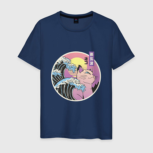 Мужская футболка Vaporwave Sunset Кот Самурай / Тёмно-синий – фото 1