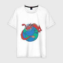Футболка хлопковая мужская Дракон астронавт над планетой, цвет: белый