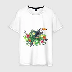 Футболка хлопковая мужская Попугай ара в цветах, цвет: белый