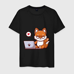 Футболка хлопковая мужская Cute fox and laptop, цвет: черный
