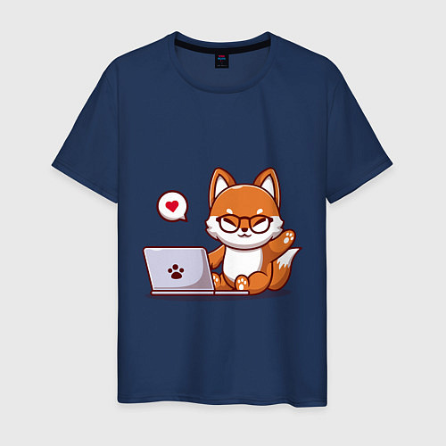 Мужская футболка Cute fox and laptop / Тёмно-синий – фото 1