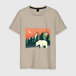 Футболка хлопковая мужская Белый медведь пейзаж с горами, цвет: миндальный