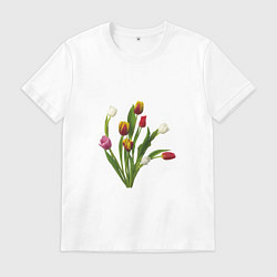 Футболка хлопковая мужская Букет разноцветных тюльпанов, цвет: белый