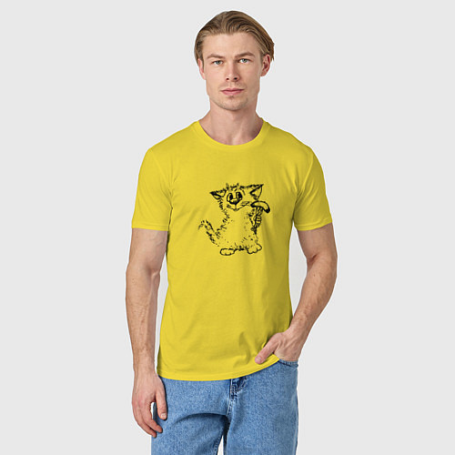 Мужская футболка Котенок с вилкой и сосиской / Желтый – фото 3
