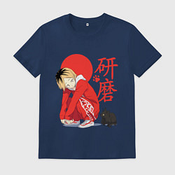 Футболка хлопковая мужская Кенма Козуме с котиком Haikyuu, цвет: тёмно-синий