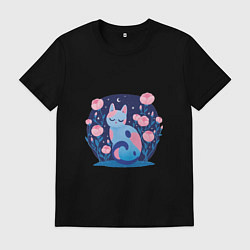 Футболка хлопковая мужская Ночь и котик, цвет: черный