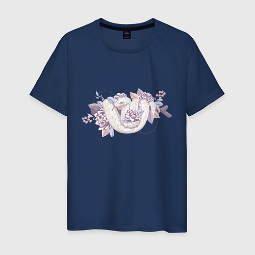 Мужская футболка Белая змея и цветы / Тёмно-синий – фото 1