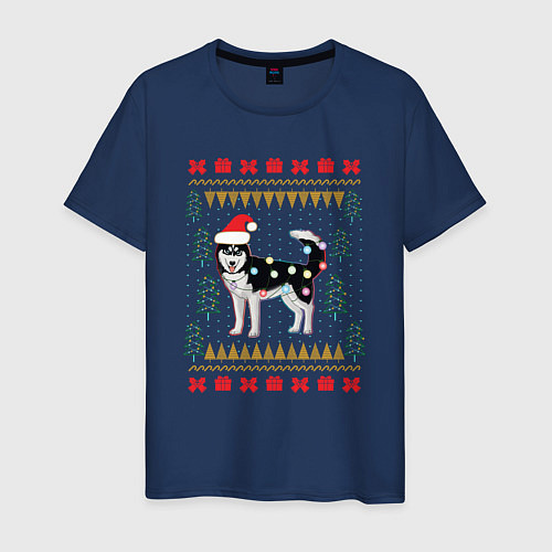 Мужская футболка Рождественский свитер Хаски / Тёмно-синий – фото 1