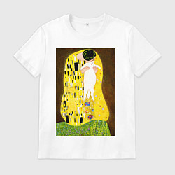 Футболка хлопковая мужская Густав Климт влюблённые поцелуй с котом, цвет: белый