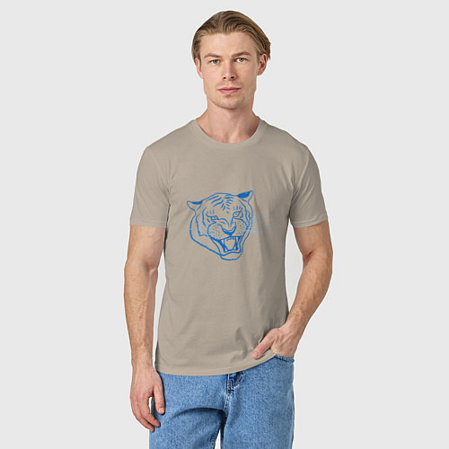 Мужская футболка Контур головы синего тигра, арт лайн / Миндальный – фото 3