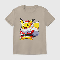 Футболка хлопковая мужская НОВОГОДНИЙ ПИКАЧУ САНТА КЛАУС, цвет: миндальный