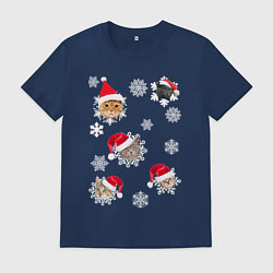 Футболка хлопковая мужская Новогодние Коты в Шапках, цвет: тёмно-синий