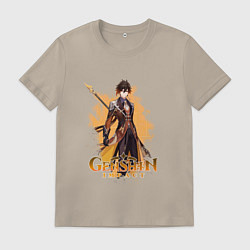Футболка хлопковая мужская Чжун Ли Zhongli Genshin Impact, цвет: миндальный