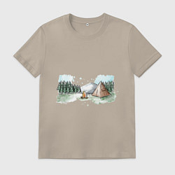 Футболка хлопковая мужская Поход в горы, цвет: миндальный