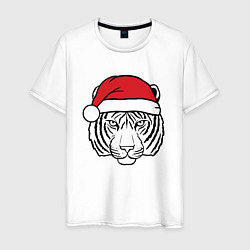 Футболка хлопковая мужская Тигр в новогодней шапке, цвет: белый